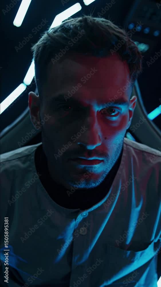 Homme dans un environnement futuriste éclairé de néons bleus et rouges, regard intense

