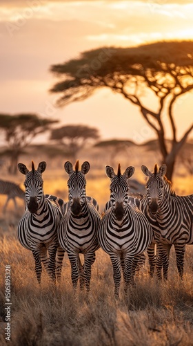 Zebras Grazing Under a Silhouette of Trees at Sunset in the African Savannah.