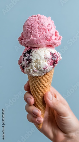 Enjoying a Delicious Two-Scoop Ice Cream Cone in Pastel Colors With a Light B...