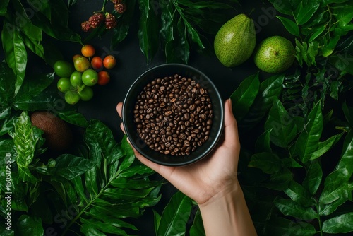 Coffee Beans Held Above Fresh Fruits and Green Leaves on a Dark Surface