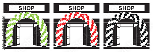 Store Entrance with Balloon Arch Silhouette Vector Illustration 

