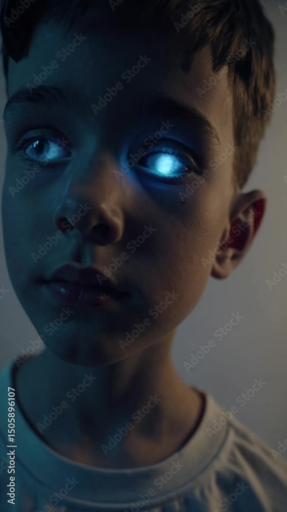 Enfant au regard surnaturel avec des yeux lumineux bleus dans une lumière tamisée

