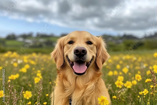Golden Retriever Smiling in a Field of Yellow Flowers Under a Cloudy Sky