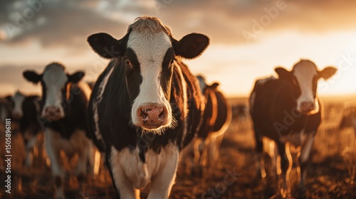 Cattle Grazing in Golden Sunset Light on a Tranquil Farm Landscape in Rural C...