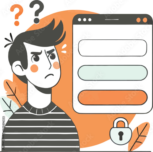 Confused man looking at a secure online form with question marks and a lock