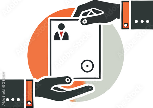 Handing over a resume or document with orange and grey circle background for employment