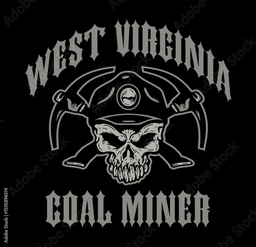 West Virginia coal miner design with skull mascot wearing hard hat and crossed pickaxes
