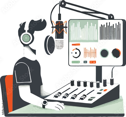 Podcast recording illustration of a person working on a mixing board and equipment.