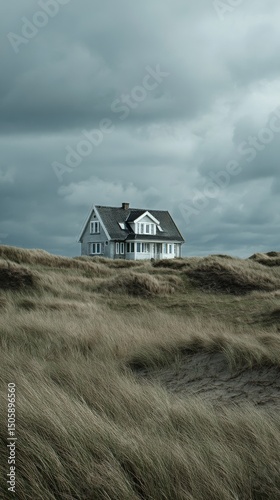Cozy House Surrounded by Tall Grass Under a Dramatic Cloudy Sky on a Windy Day