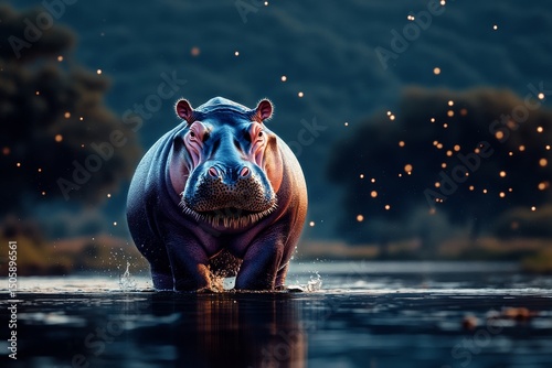 Hippo Emerges From Water at Sunset in a Serene Natural Habitat.