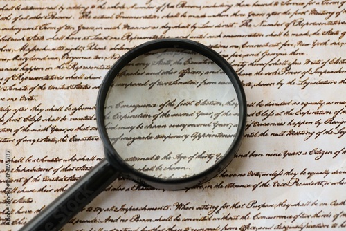 American USA Constitution paper page and magnifying glass close up photo