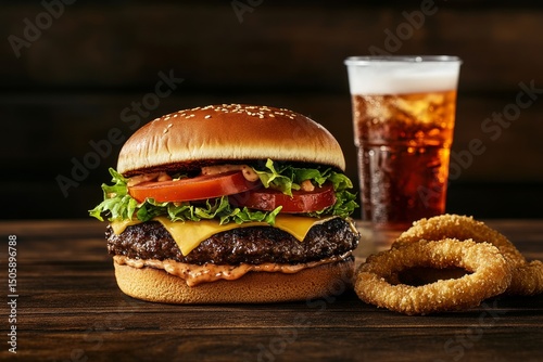 Juicy Cheeseburger With Fresh Toppings and Crispy Onion Rings Served With a C...