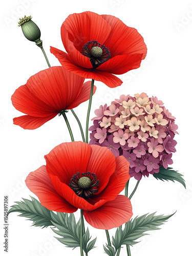 Red poppies and hydrangea on a transparent background.