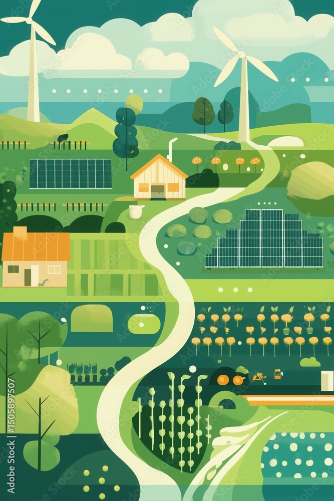 Fototapeta premium Illustration showing interconnected elements of eco-friendly agriculture, including wind turbines, solar panels, organic crops, and irrigation systems.