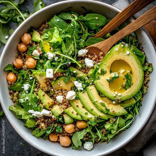 Fresh Quinoa Salad With Avocado and Chickpeas in a Bowl