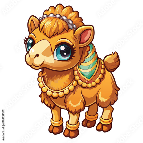 Cute, stylized camel with accessories