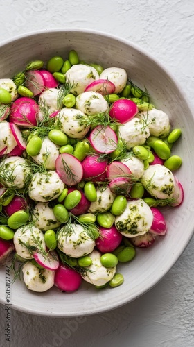 Fresh Salad With Radishes, Herbs, and Creamy Cheese Served in a Large Bowl.