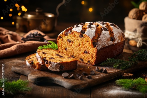 Delicious Pumpkin Bread Loaf With Chocolate Chips on Wooden Cutting Board Dur...