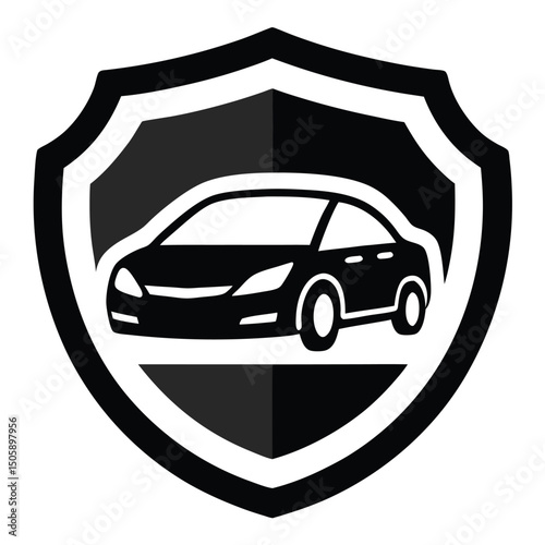  Car with Insurance Shield Black and White Vector Icon