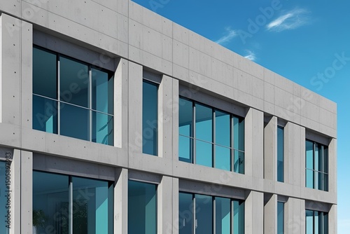 Wallpaper Mural Modern concrete building facade with clean lines, large glass windows, soft shadows, clear blue sky, ultra realistic, 8K resolution Torontodigital.ca
