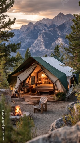 Cozy Tent Setup With Fire Pit Amid Mountains During Sunset in Nature