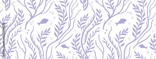 Seamless marine pattern with hand-drawn fish and seaweed in soft purple line art. Perfect for ocean-themed designs, fabrics, and wallpapers. Elegant underwater botanical illustration.