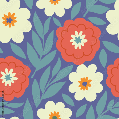 Delightful floral seamless pattern featuring vibrant red and white flowers and charming green leaves