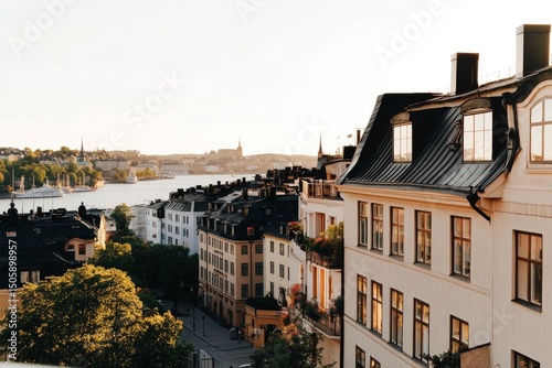 Sunset Over the Waterfront Buildings in Stockholm, Showcasing Beautiful Archi...