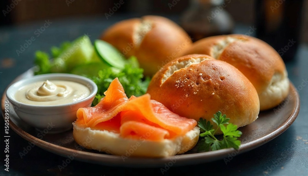 Delicious Smoked Salmon Bagel with Cream Cheese Cucumber and Fresh Greens on a Rustic Plate for Breakfast