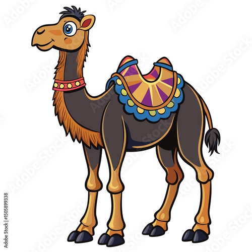 Cartoon camel with colorful saddle