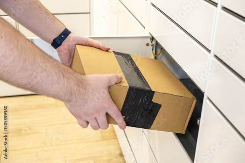 Foto Person retrieving a cardboard package from a white parcel locker, symbolizing co