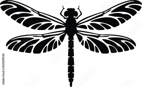 Silhouette of a Dragonfly with Decorative Wings – Elegant Insect Vector Design.