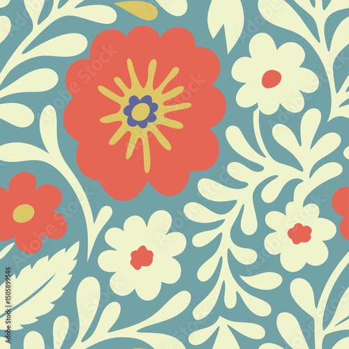 Seamless floral pattern featuring stylized red and white flowers with cream colored leaves over a blue background.