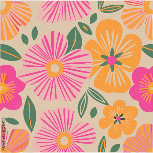 Seamless pattern of colorful abstract flowers and leaves on a creamy beige background