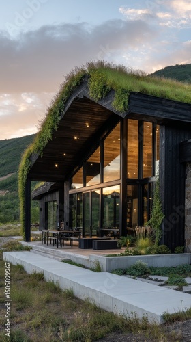 Modern Black Cabin With Green Roof in Mountainous Landscape at Dusk