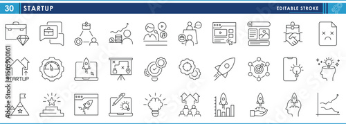 A set of line icons related to Startup. Business, connection, rocket, starting, growth, inspired, efficient, and so on. Vector editable stroke.