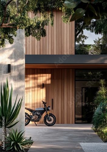 Modern Wooden House Exterior With Motorcycle and Landscaped Garden at Dusk.