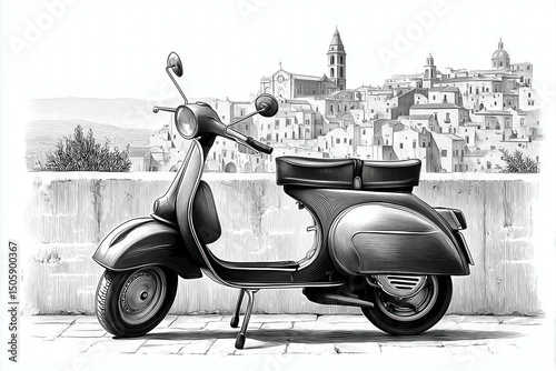 Illustration drawing of a classic vintage Italian scooter parked at a view point where a panorama a medieval village can be seen.
