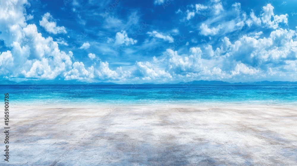 Fototapeta premium Empty concrete platform overlooking a vast blue ocean under a vibrant sky