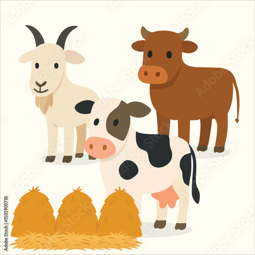 Illustration of farm animals including goats, cows, and haystacks. Perfect for Eid Al-Adha, farm-related designs, educational materials, and festive Islamic content