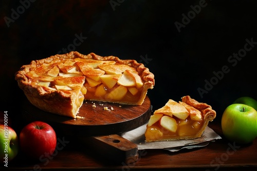 Delicious Apple Cake With Caramel Glaze on a Wooden Stand Surrounded by Fresh...