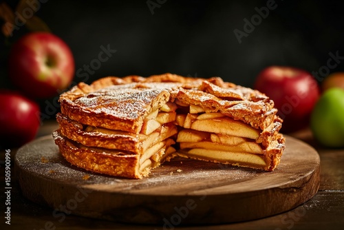 Delicious Apple Pie With Fresh Apples on a Wooden Cutting Board at Dimly Lit ...