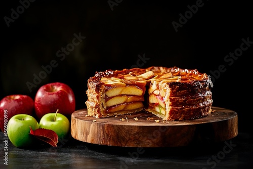 Delicious Apple Pie With Fresh Apples on a Wooden Cutting Board at Dimly Lit ...