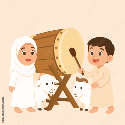 Illustration of Muslim kids celebrating Eid Al-Adha with goats and a large drum. Perfect for holiday cards, posters, educational materials, and Islamic festive designs