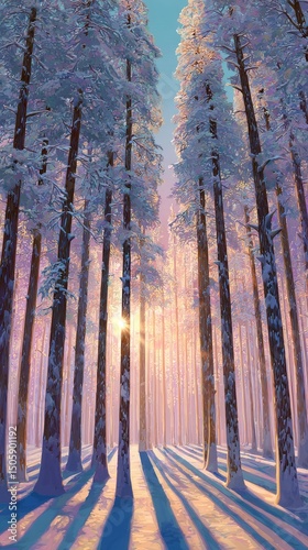 Winter Forest at Sunset With Snow-Covered Trees and Golden Light.