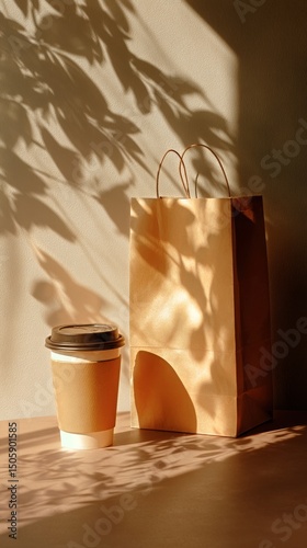 Warm Afternoon Light Casts Shadows of Leaves on Coffee Cup and Paper Bag in C...