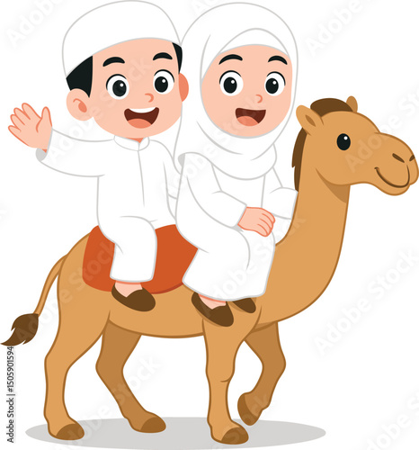 Cute illustration of Muslim boy and girl in traditional clothes riding a camel. Perfect for Hajj, Umrah, Islamic stories, or cultural education themes