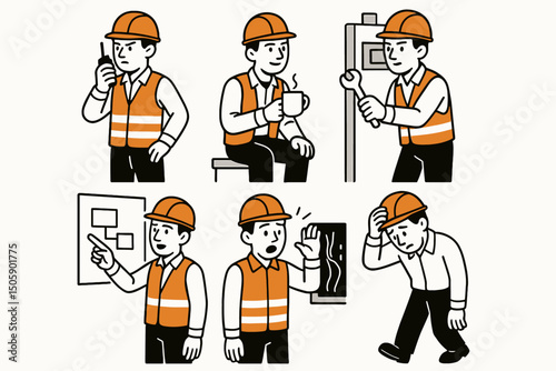 Vector illustration set of male engineer in safety gear showing various work-related actions and expressions such as inspecting, presenting, fixing, relaxing, and responding to emergencies.