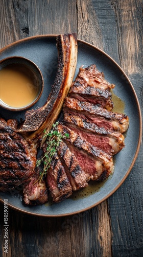 Grilled Bone-In Steak Served With Savory Sauce and Fresh Herbs on Wooden Table.