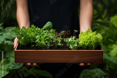 Gardener Holds Wooden Crate With Various Leafy Greens in Lush Garden Setting.